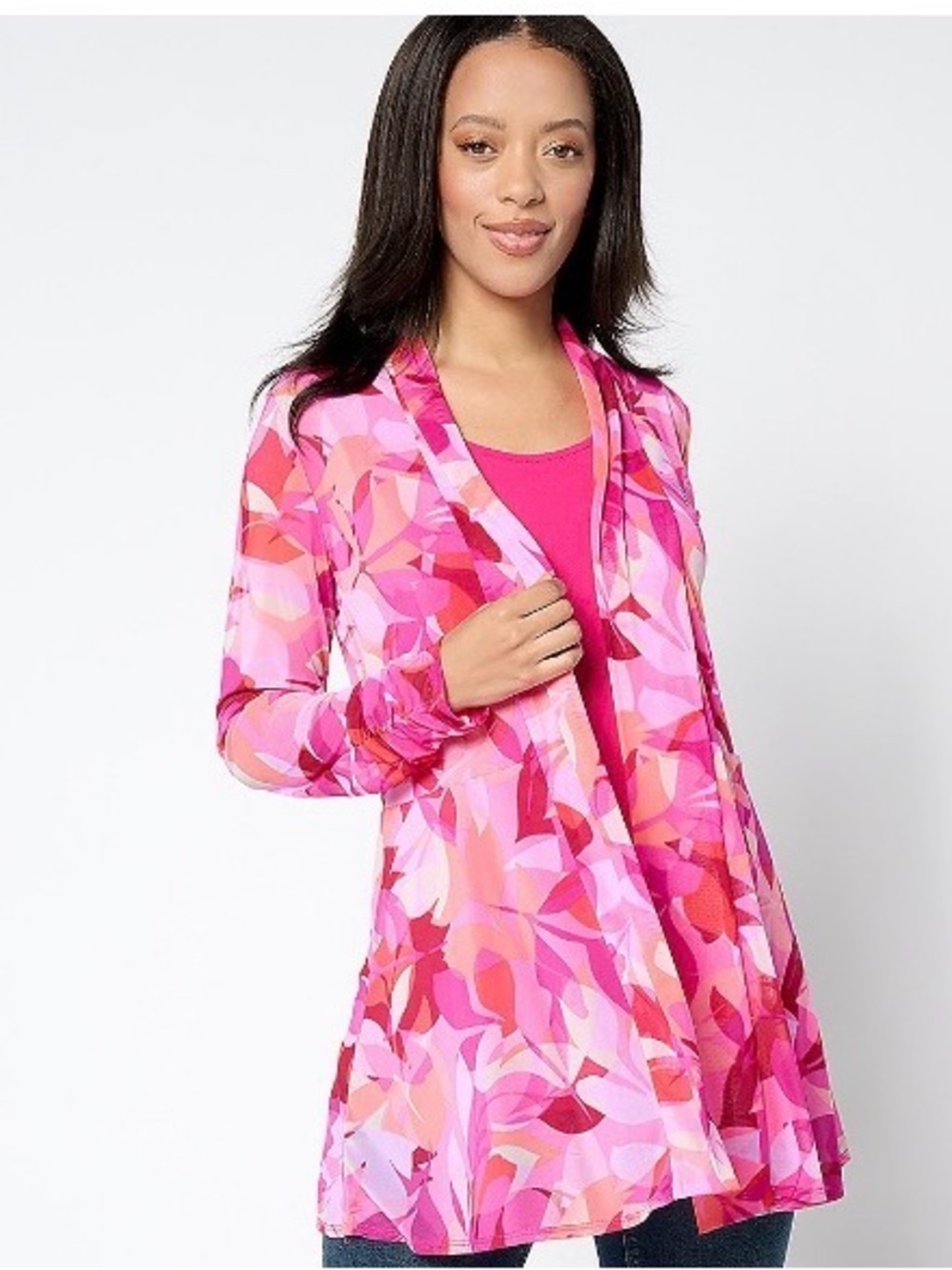 Susan Graver Bright Fuchsia Tank with Sheer Overlay Topper